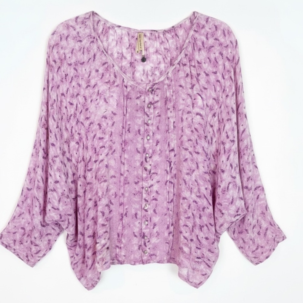 PEACE & PEARLS PURPLE FLORAL BATWING SLEEVE BUTTON FRONT BLOUSE WOMENS XS